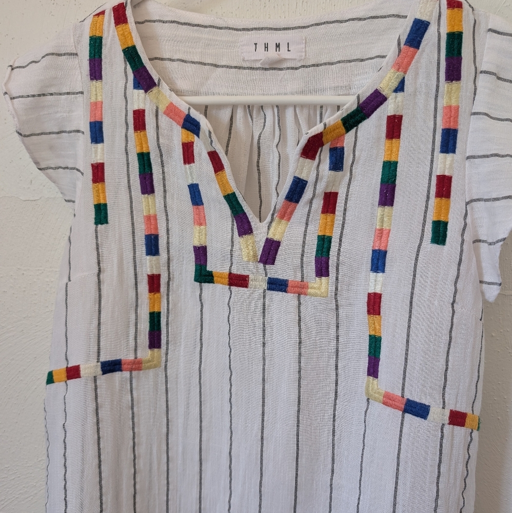 THML White Striped Top with Colorful Embroidery XS EUC
